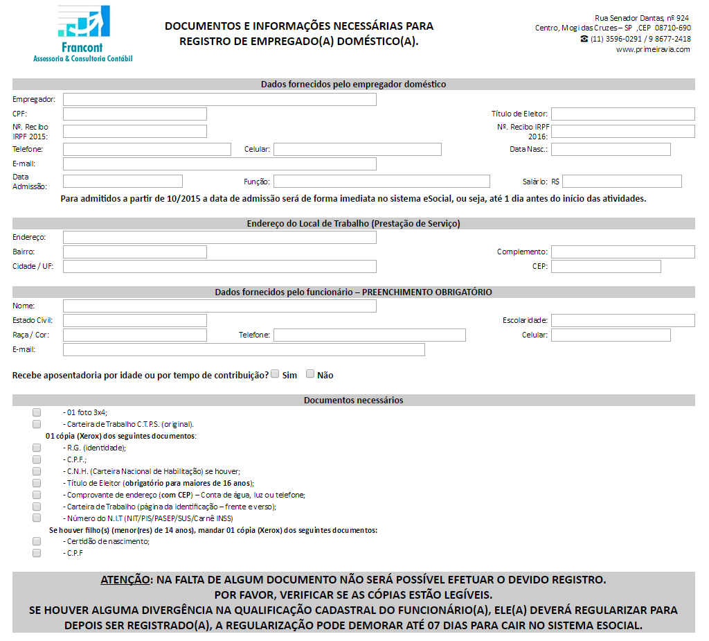 Documento de Registro de Empregado Domstico